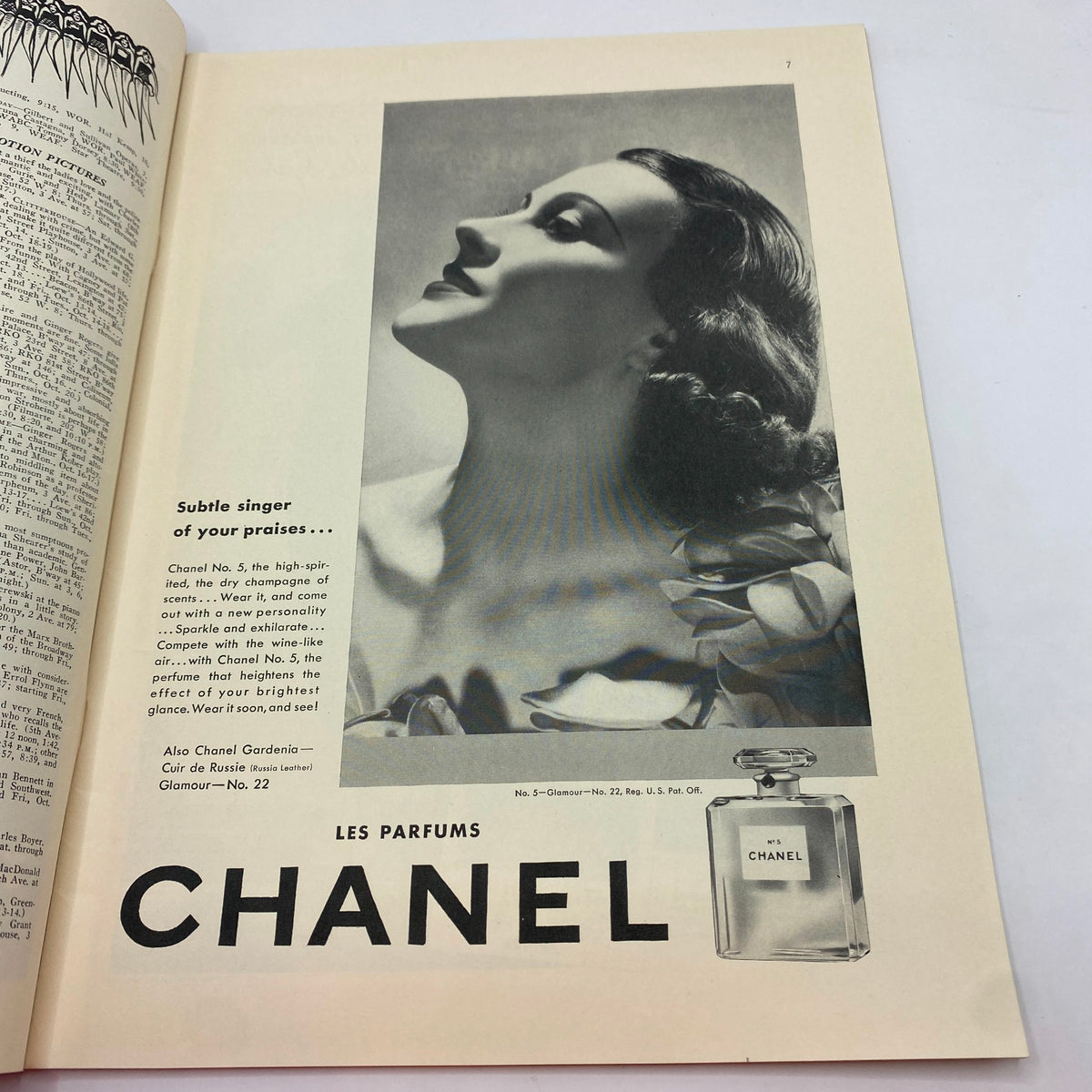 Advertisement for Chanel No. 5 within The New Yorker Complete Magazine October 15, 1938, showcasing a vintage perfume ad and elegant model.
