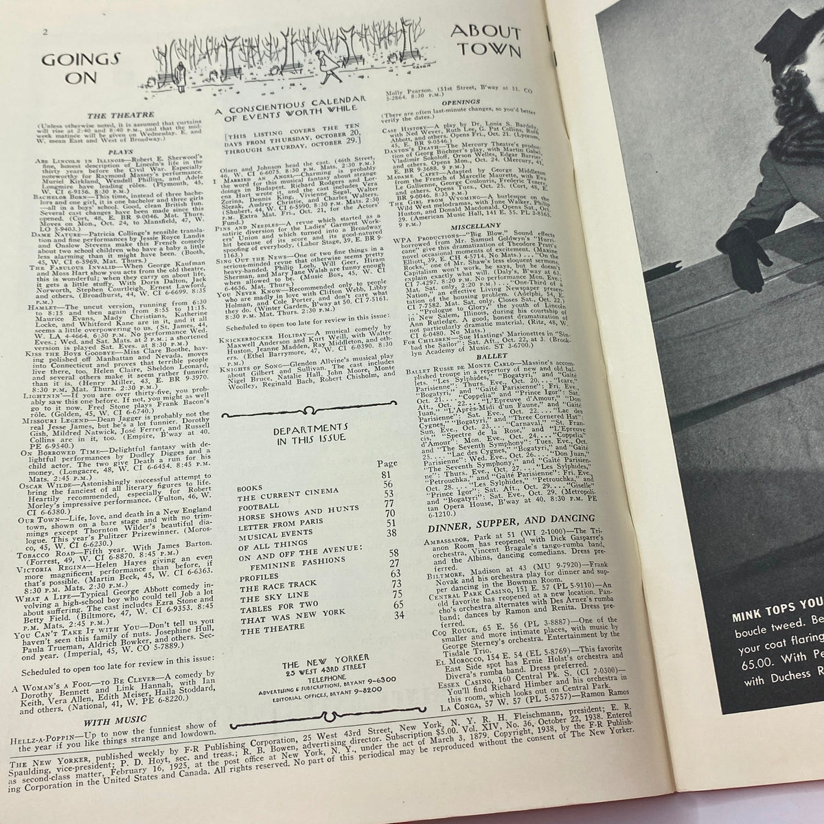 Inside page of The New Yorker Complete Magazine October 22, 1938 with an article on events happening in town, showcasing the vintage layout and typography.