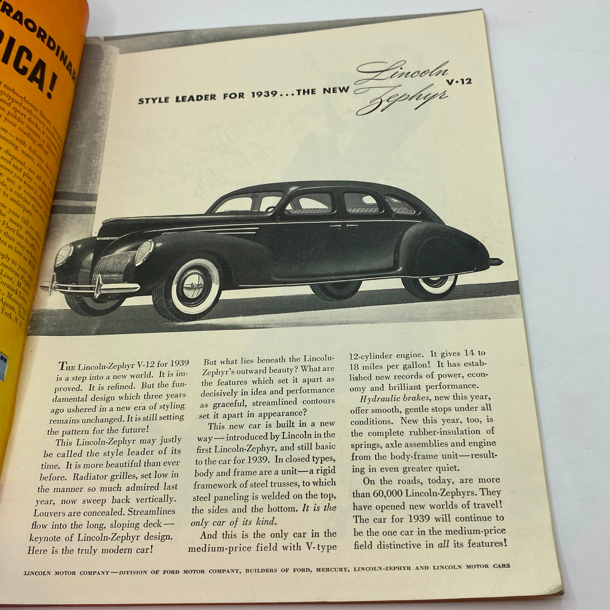 Advertisement page featuring the Lincoln-Zephyr V-12 from The New Yorker Complete Magazine October 22, 1938, highlighting the elegant design of the car with a classic photo.