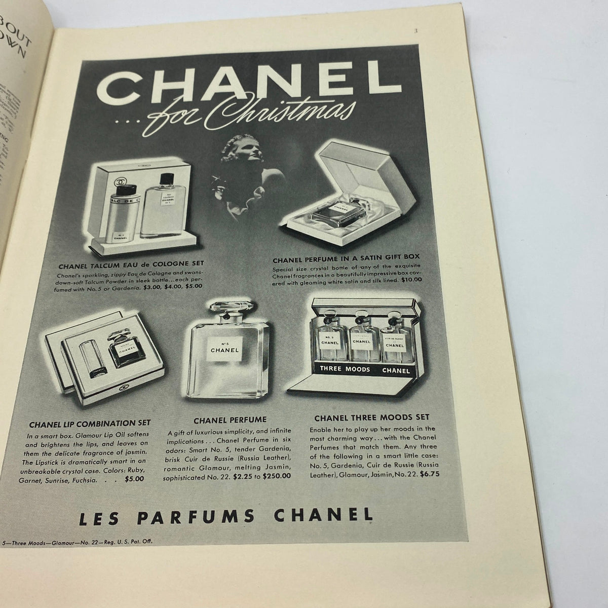 Advertisement page for Chanel products in The New Yorker magazine dated December 17, 1938, showcasing luxury perfume sets for Christmas.