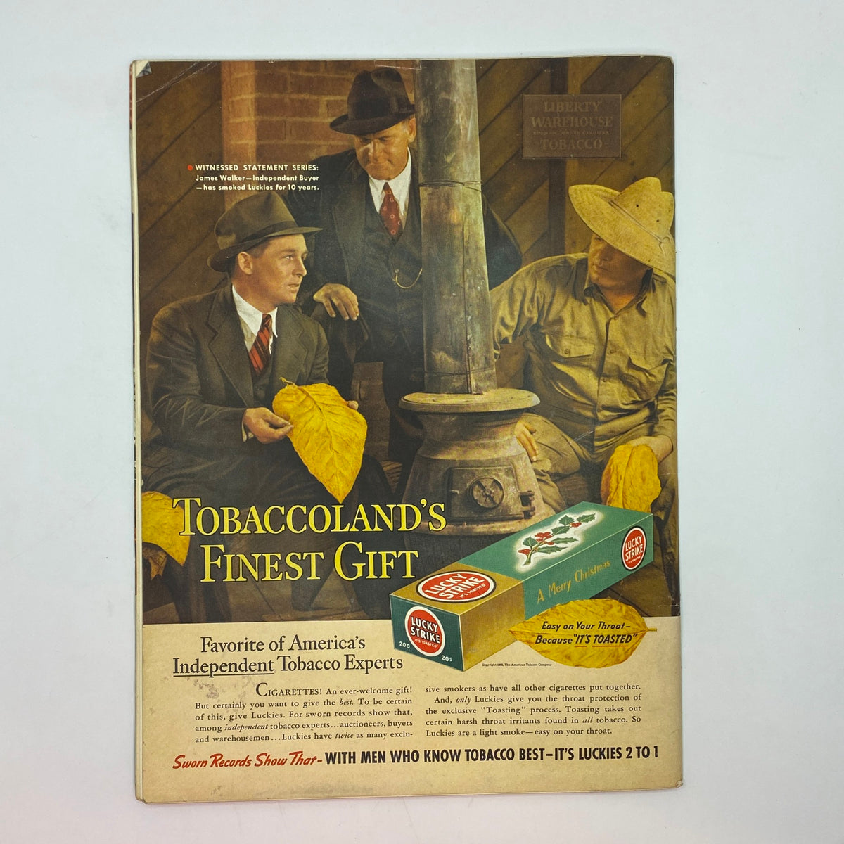 Vintage advertisement for Lucky Strike Tobacco from The New Yorker magazine December 17, 1938, featuring characters discussing tobacco and presenting a festive gift option.