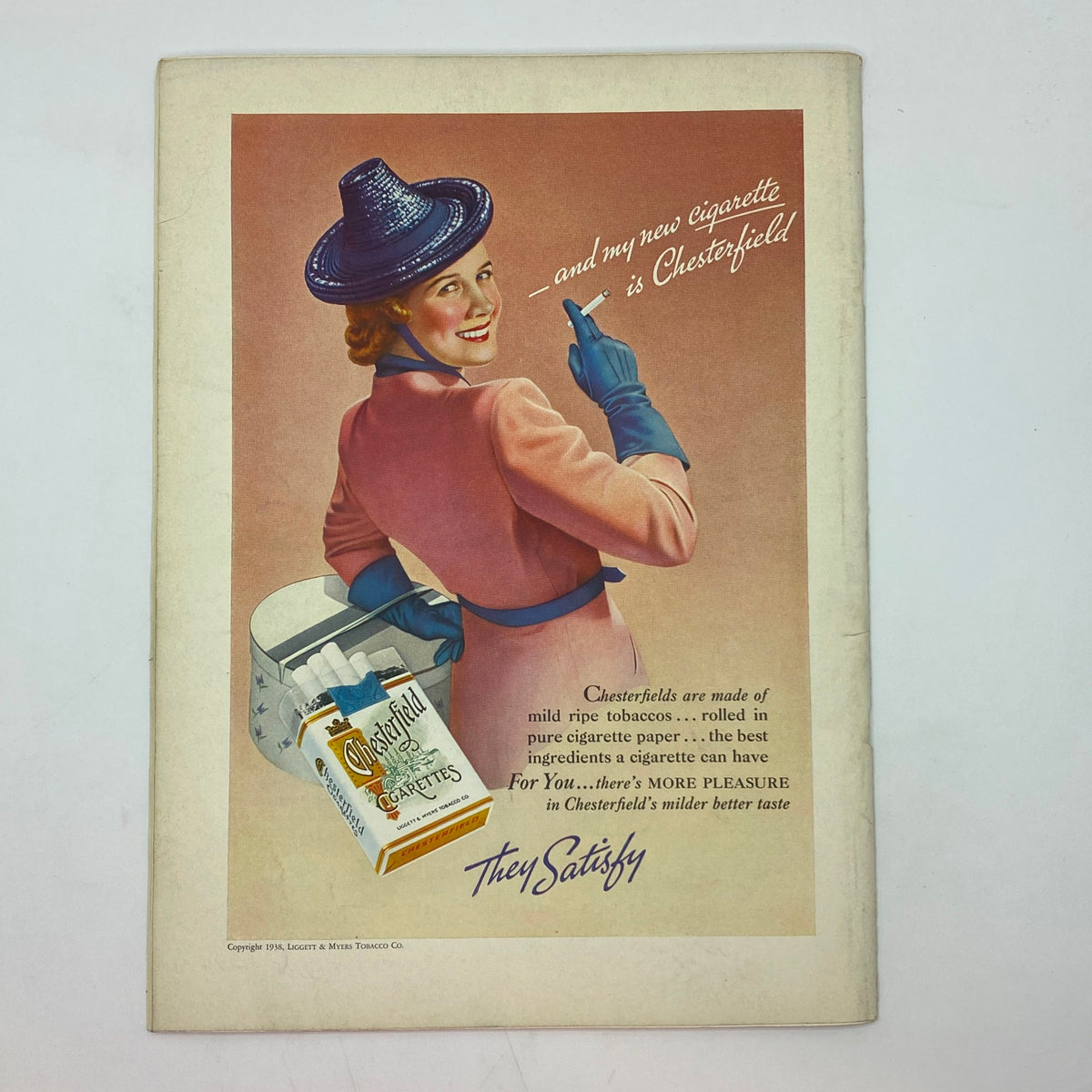 Vintage Chesterfield cigarette advertisement from The New Yorker magazine, April 30, 1938, highlighting a woman in stylish attire promoting Chesterfield cigarettes, part of the issue with Roger Duvoisin cover.