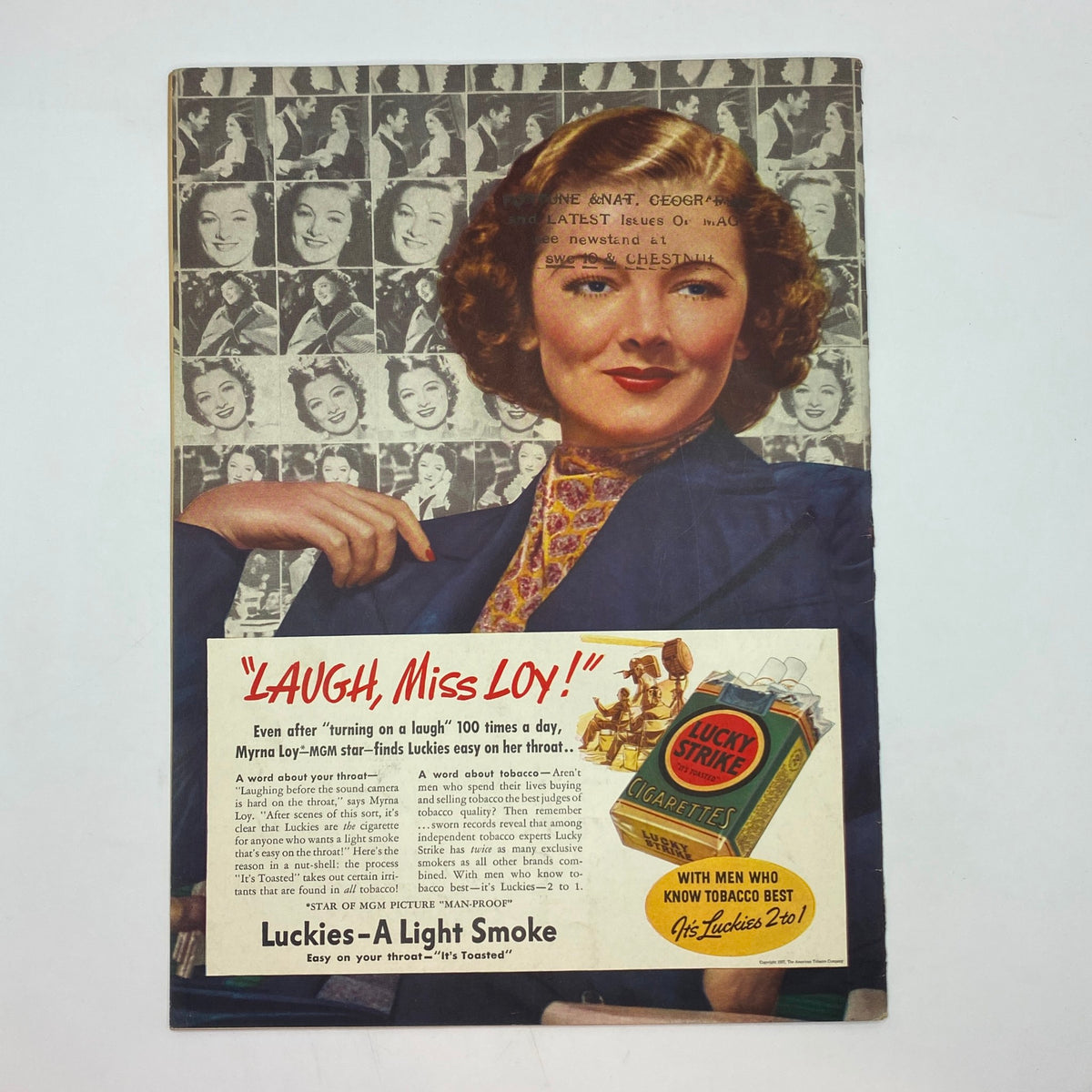 Vintage advertisement from The New Yorker magazine January 1, 1938 featuring a glamorous woman promoting Lucky Strike cigarettes with the tagline 'Laugh, Miss Loy!'.