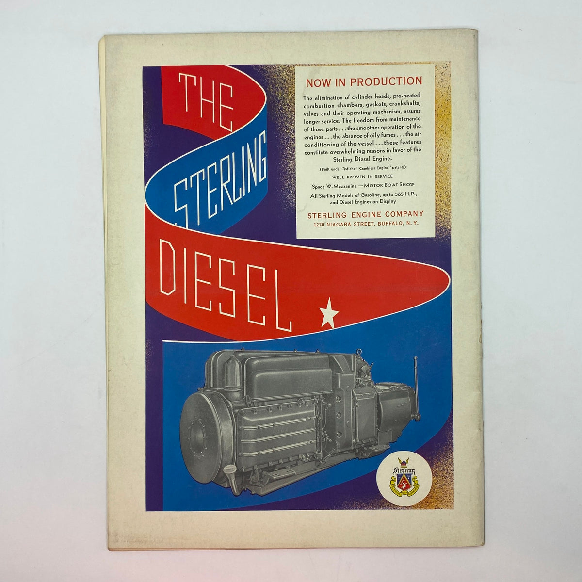 Advertisement for the Sterling Diesel engine, featured in The New Yorker magazine, January 8, 1938, illustrating the innovative design and features of the diesel engine with vibrant marketing graphics.