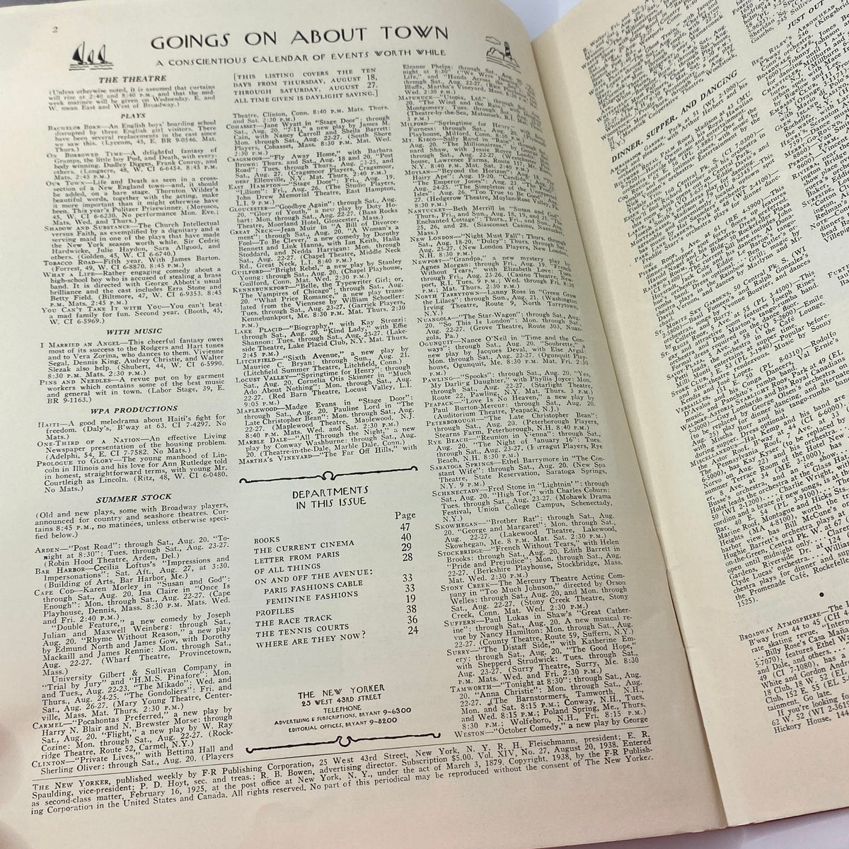 Inside view of The New Yorker Complete Magazine August 20, 1938 featuring a calendar of events and editorial sections.