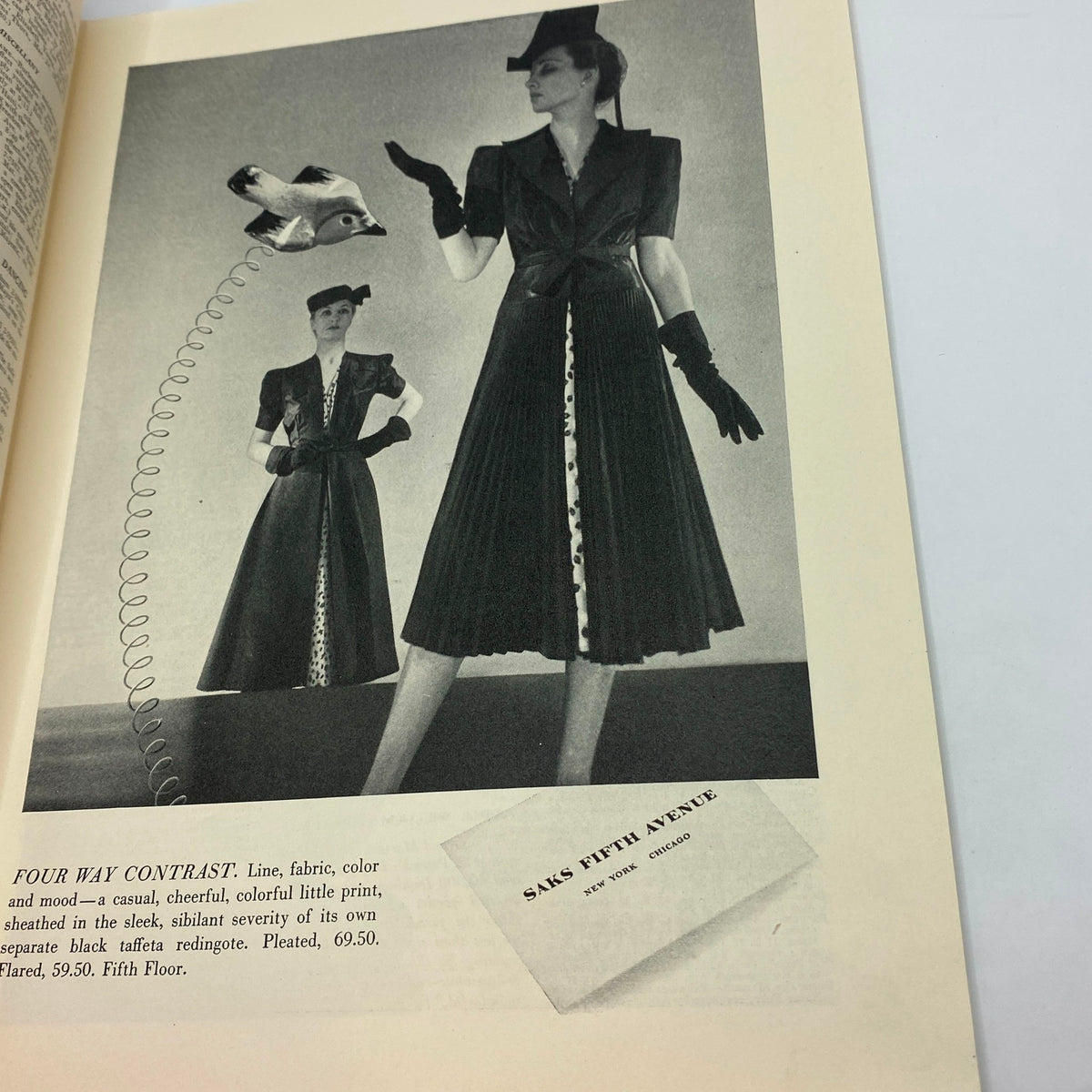 Fashion advertisement from The New Yorker Complete Magazine March 19, 1938 featuring models in elegant dresses with detailed descriptions of the attire.