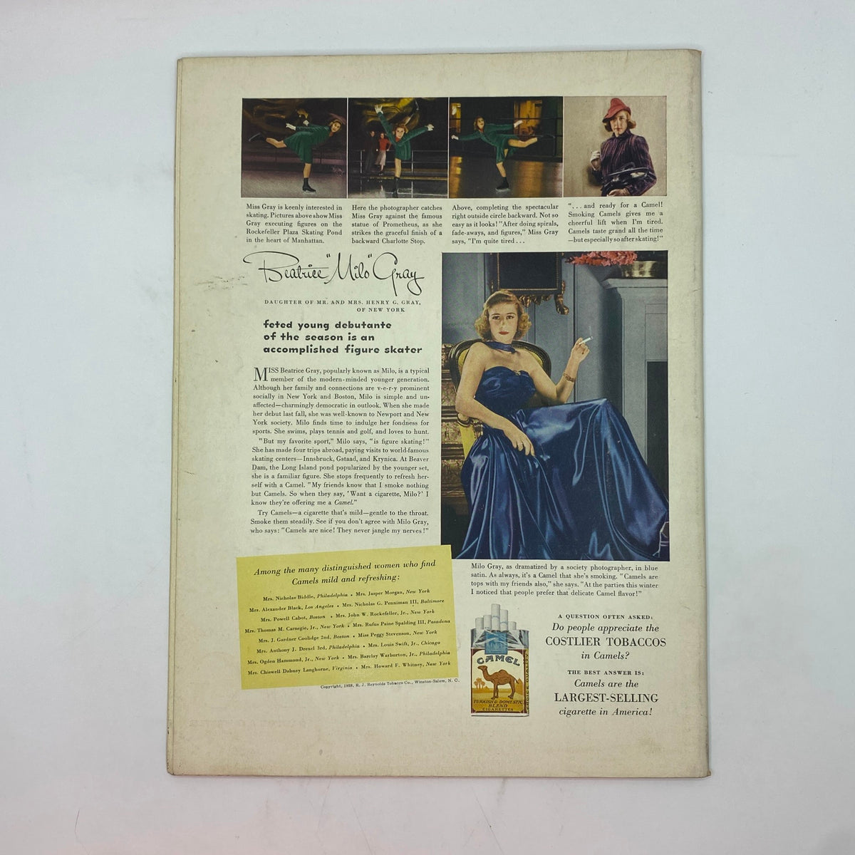 Back cover of The New Yorker Complete Magazine March 19, 1938 highlighting an advertisement for Camel cigarettes with a glamorous figure skater.