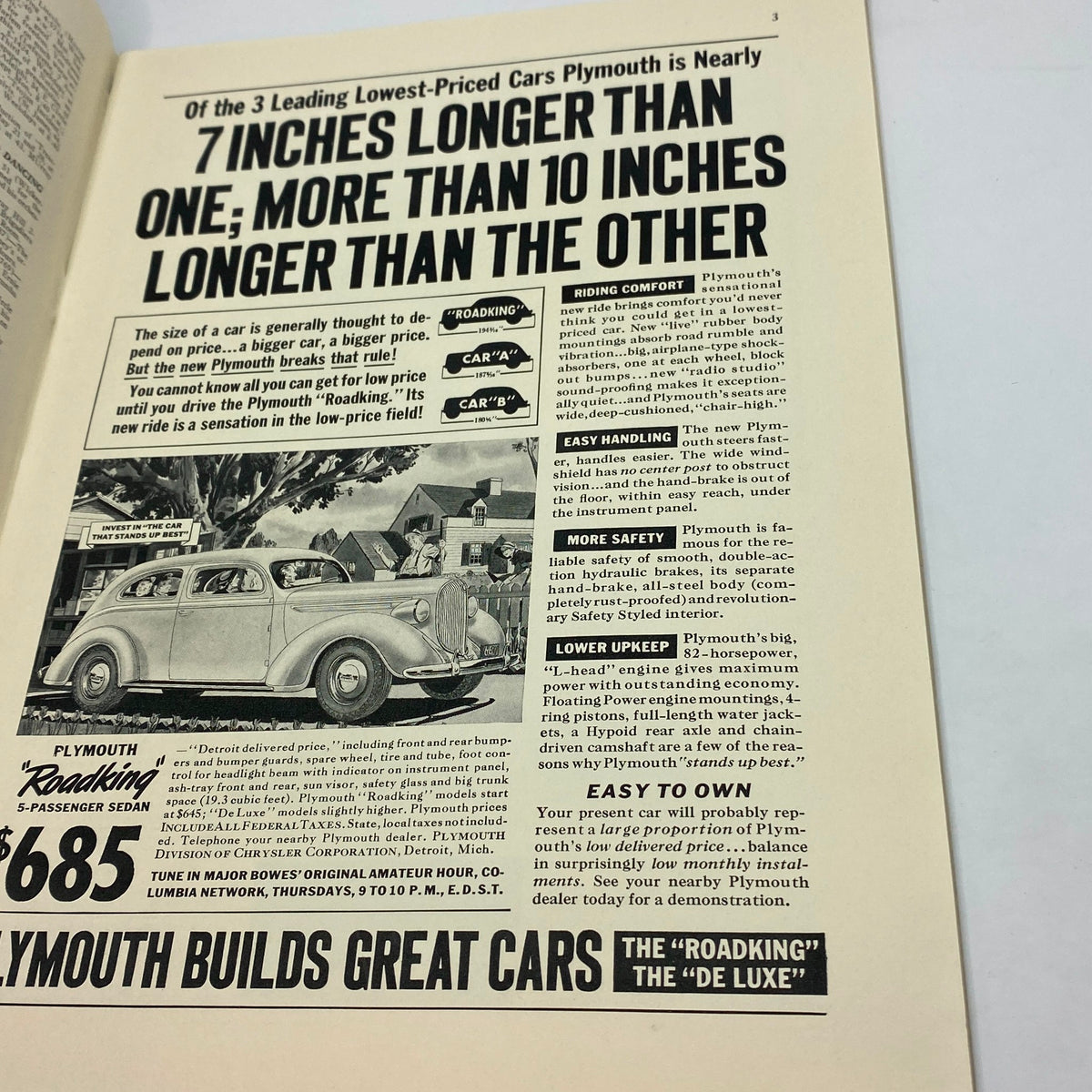 Advertisement page from The New Yorker magazine dated May 21, 1938, highlighting Plymouth Roadking cars, emphasizing comfort and safety. This vintage issue is associated with the Rea Irvin cover.
