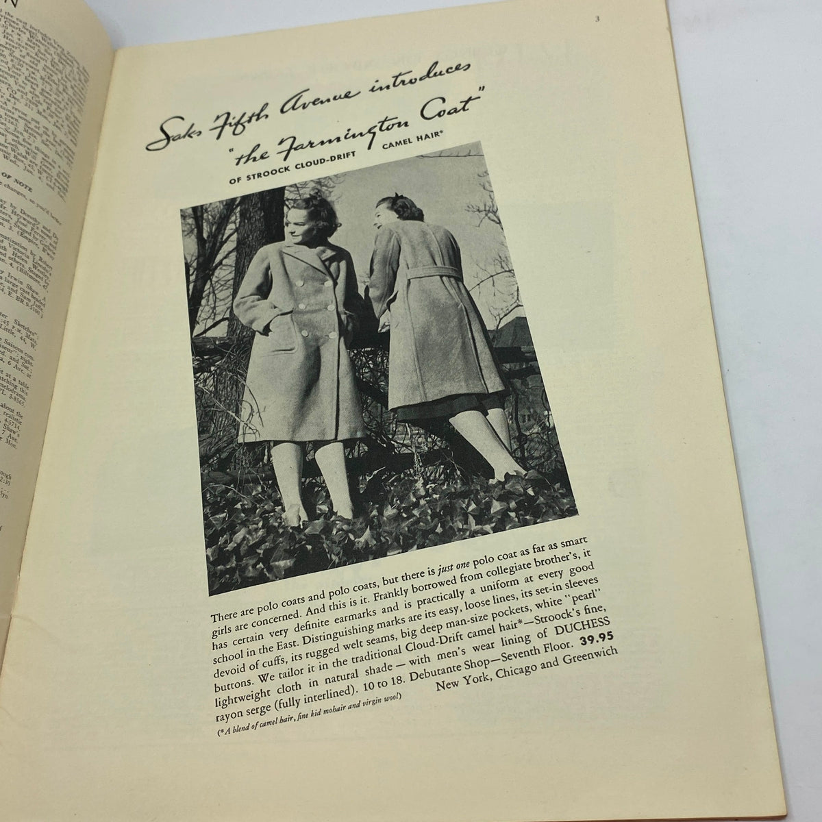 Advertisement in The New Yorker Complete Magazine December 31, 1938, showcasing the 'Farmington Coat' by Saks Fifth Avenue.