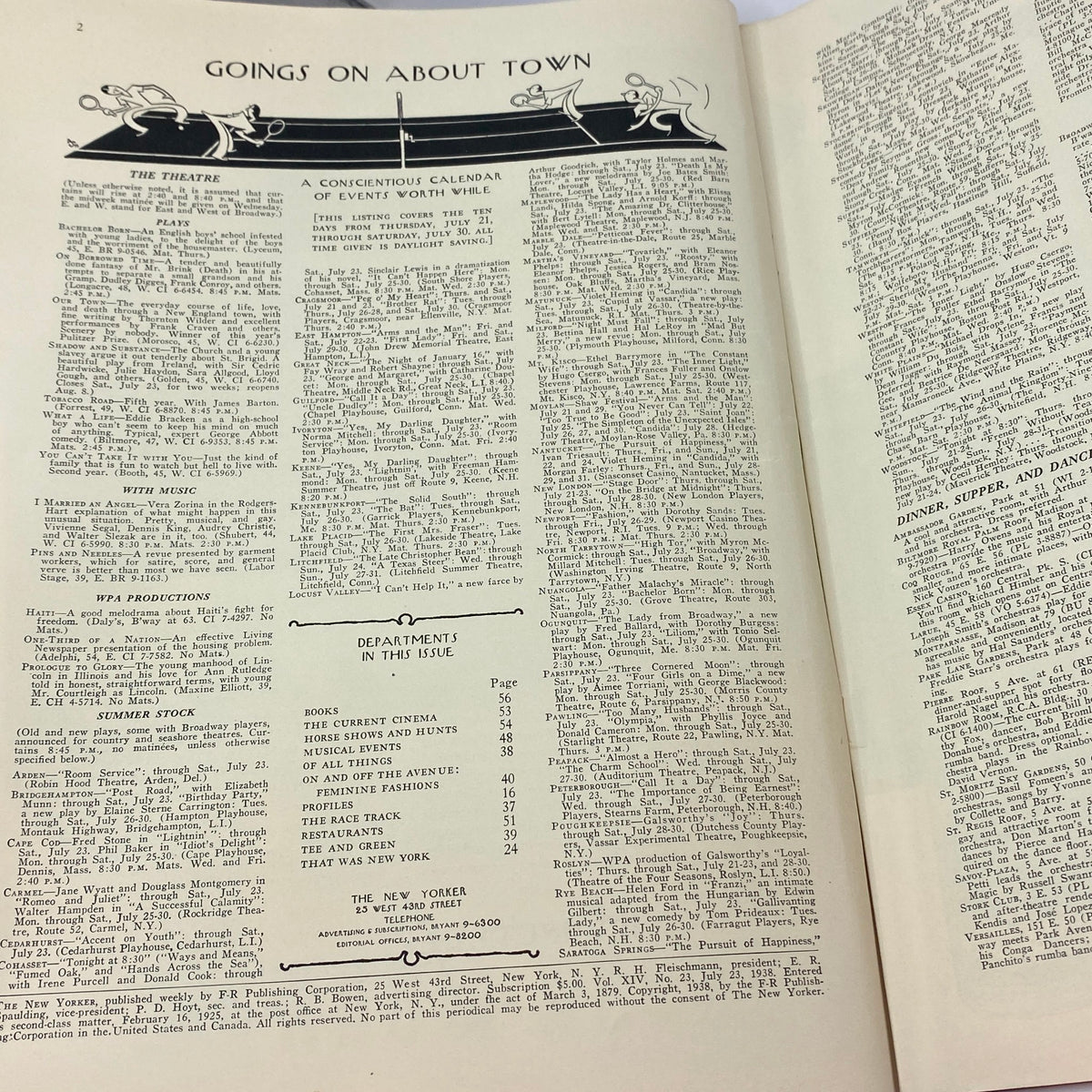 Interior page of The New Yorker magazine from July 23, 1938, featuring the 'Goings On About Town' section, highlighting cultural events and activities in New York City, part of a historic collection.