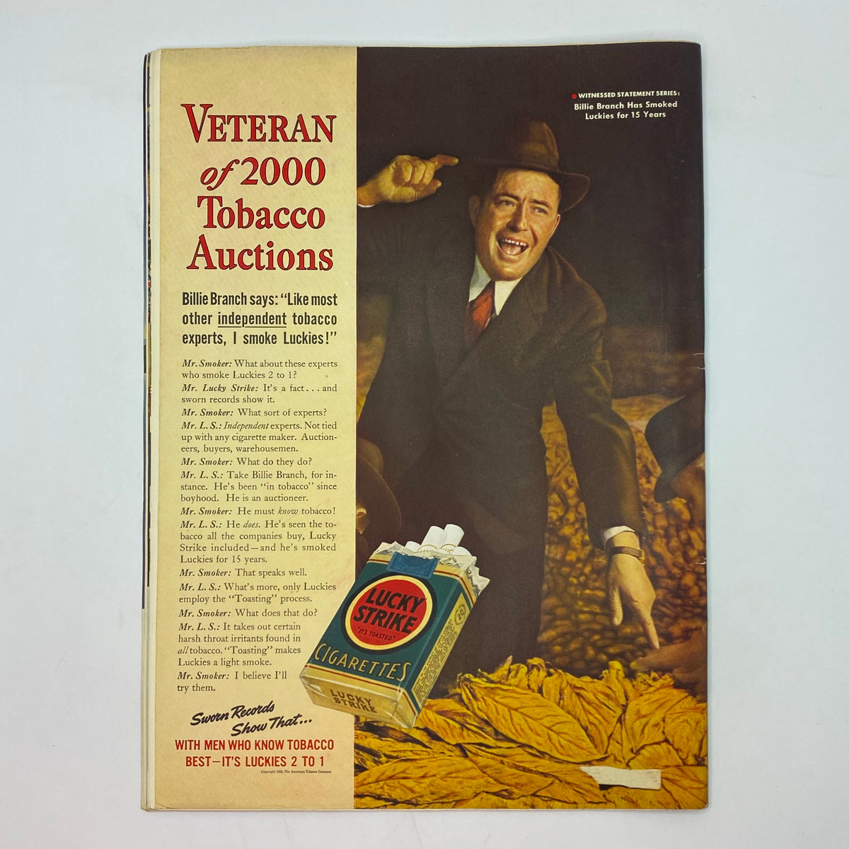 Advertisement for Lucky Strike cigarettes in The New Yorker July 23, 1938 depicting a confident tobacco expert presenting the product, highlighting the historical context of tobacco marketing during the late 1930s.