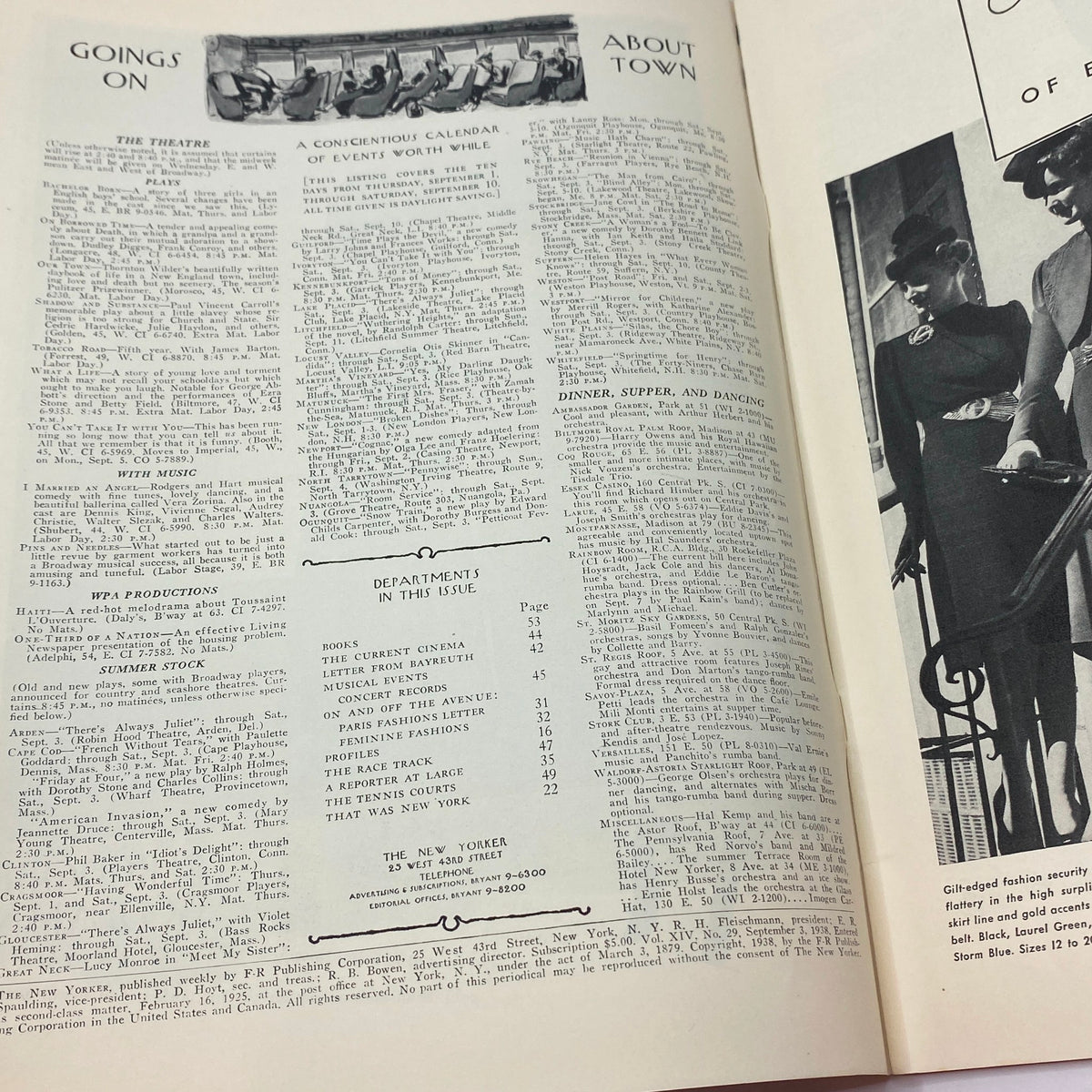 Inside pages of The New Yorker Complete Magazine September 3, 1938, featuring a calendar of events and departments within the issue.