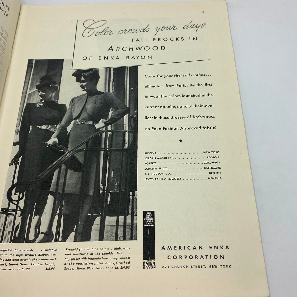 Fashion advertisement for Archwood fall frocks in Enka Rayon, showcasing stylish women's clothing from The New Yorker Complete Magazine September 3, 1938.