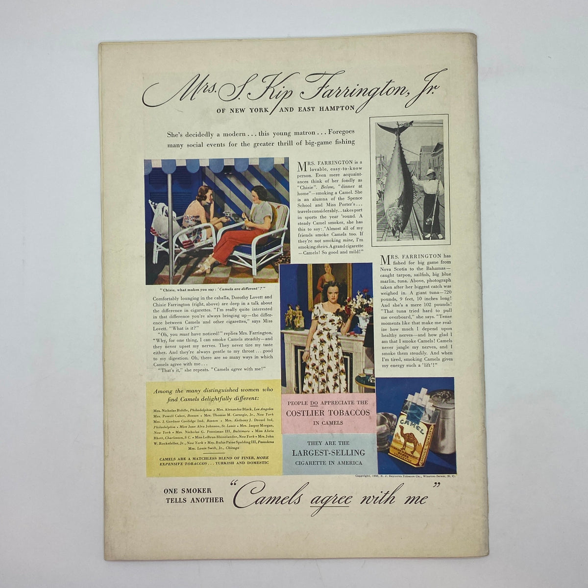 Vintage advertisement page featuring Mrs. S. Kip Farrington, Jr. of New York and East Hampton, described as modern and adventurous, prioritizing big-game fishing over social events, alongside a cigarette advertisement for Camels, from The New Yorker Complete Magazine September 3, 1938 William Steig Cover.