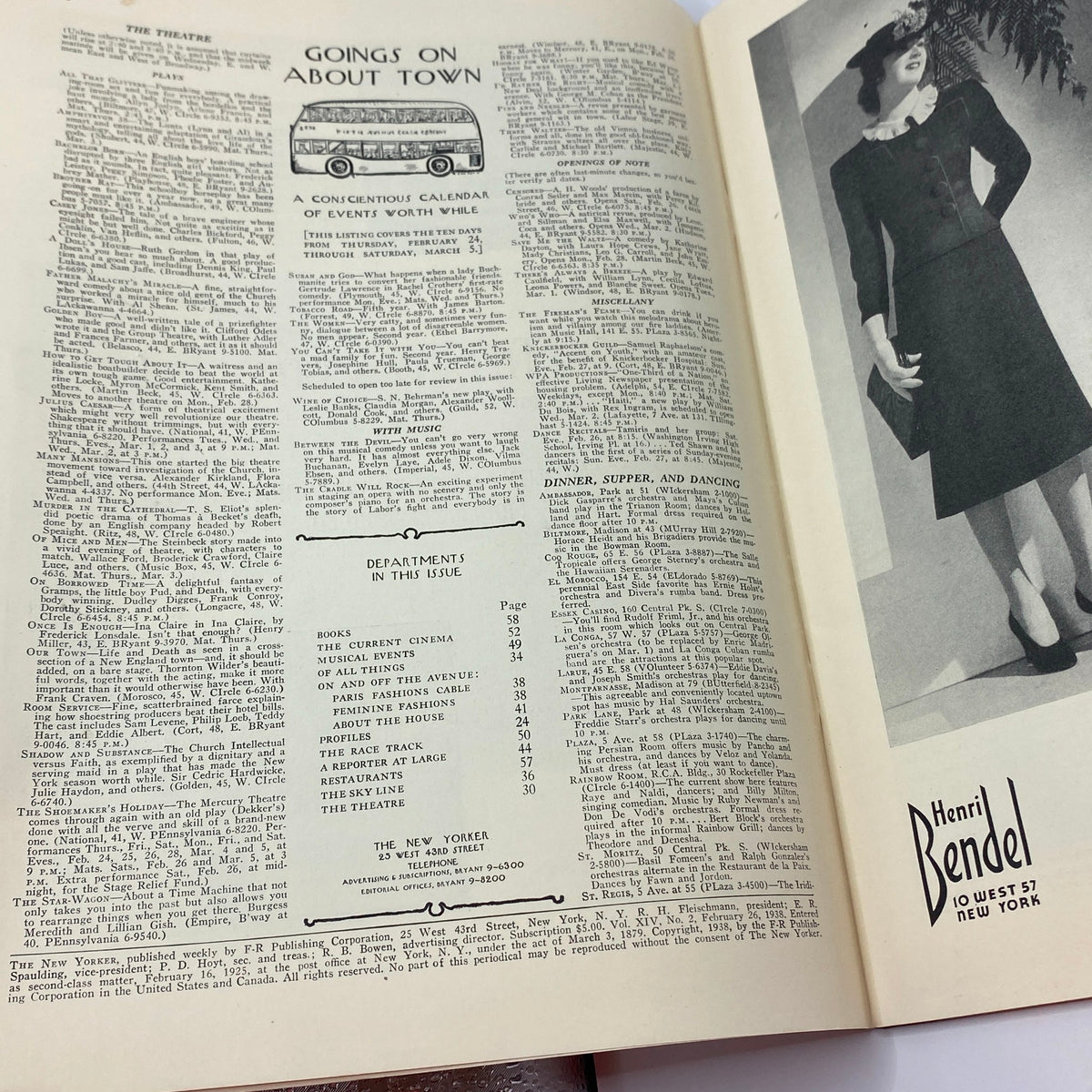 The New Yorker Complete Magazine February 26, 1938, showcasing an editorial page with event listings and advertisements in vintage style.