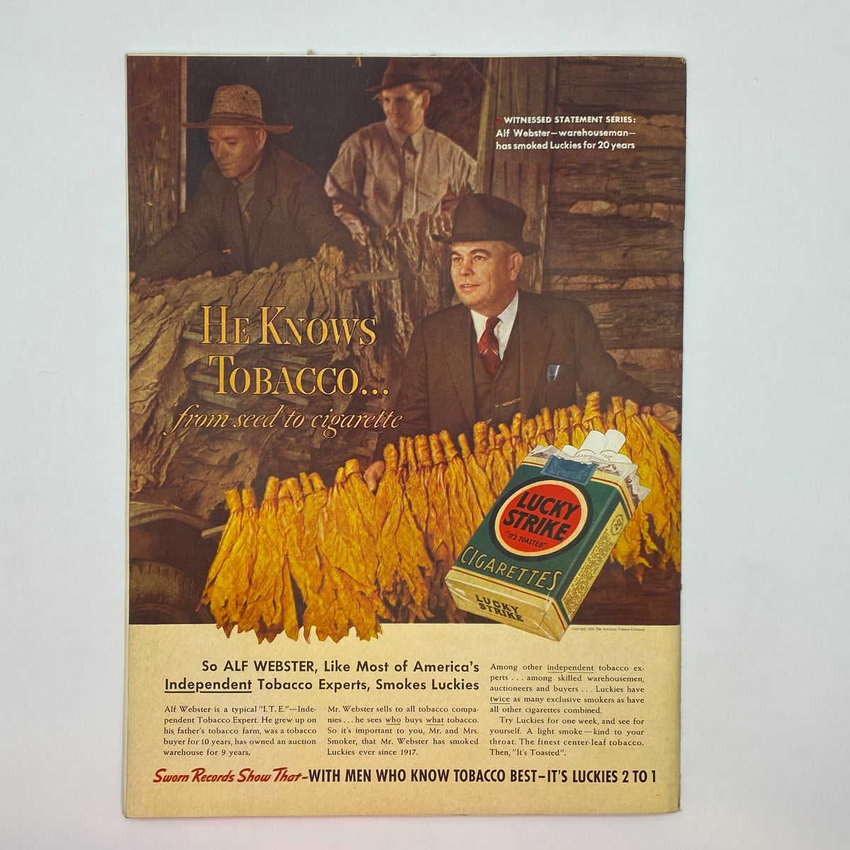 Vintage advertisement from The New Yorker Complete Magazine August 27, 1938 showcasing tobacco expertise with Alf Webster discussing Lucky Strike cigarettes amid a backdrop of tobacco leaves.