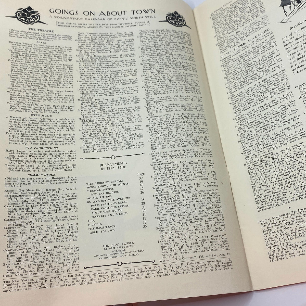 Inside pages of The New Yorker magazine from August 13, 1938, featuring a calendar of events and department listings, part of the issue with Rea Irvin cover.
