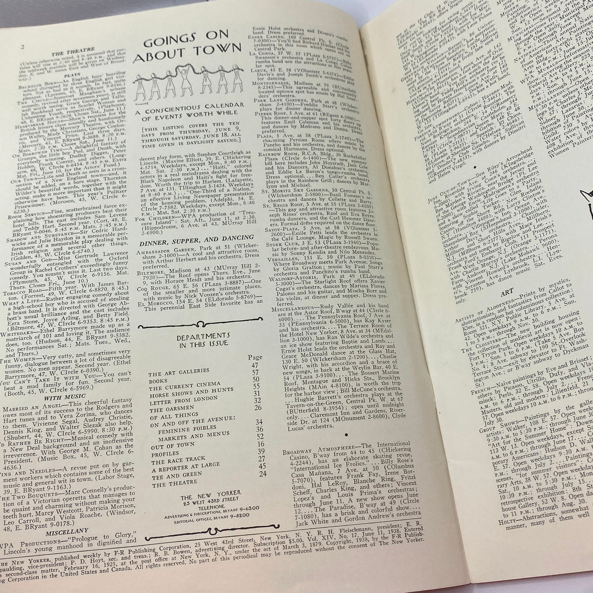 Inside page of The New Yorker Magazine dated June 11, 1938 featuring events and cultural listings.
