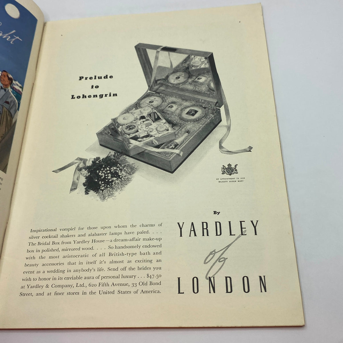 Ad page in The New Yorker Magazine June 11, 1938 for Yardley of London cosmetics, displayed in a vintage box.