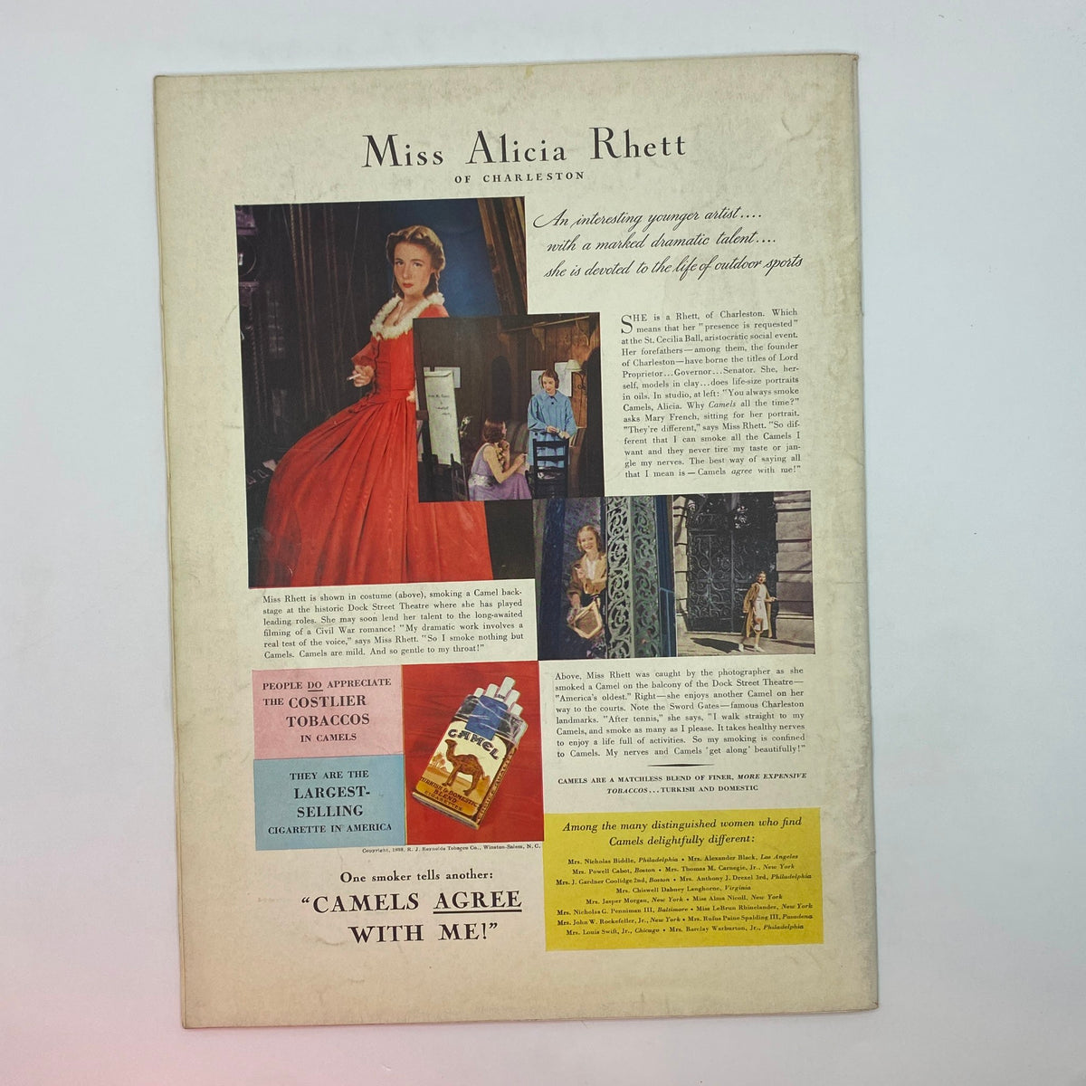 Advertisement page featuring Miss Alicia Rhett in The New Yorker Magazine June 11, 1938, promoting Camel cigarettes.