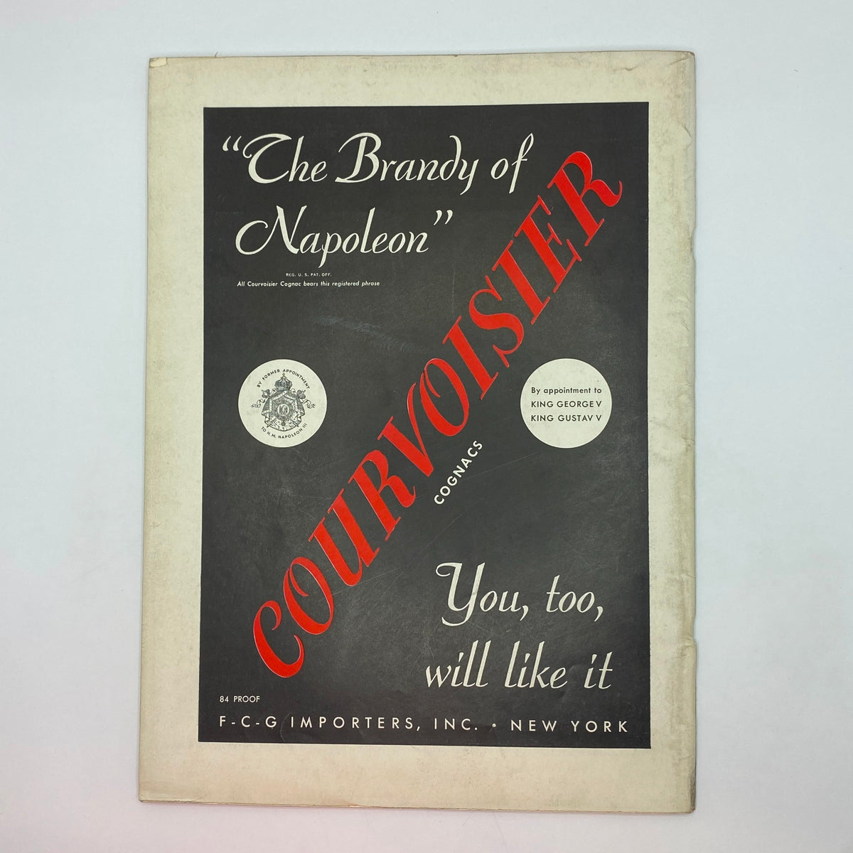 Advertisement page from The New Yorker magazine March 12, 1938, promoting Courvoisier Cognac with bold text and graphics.