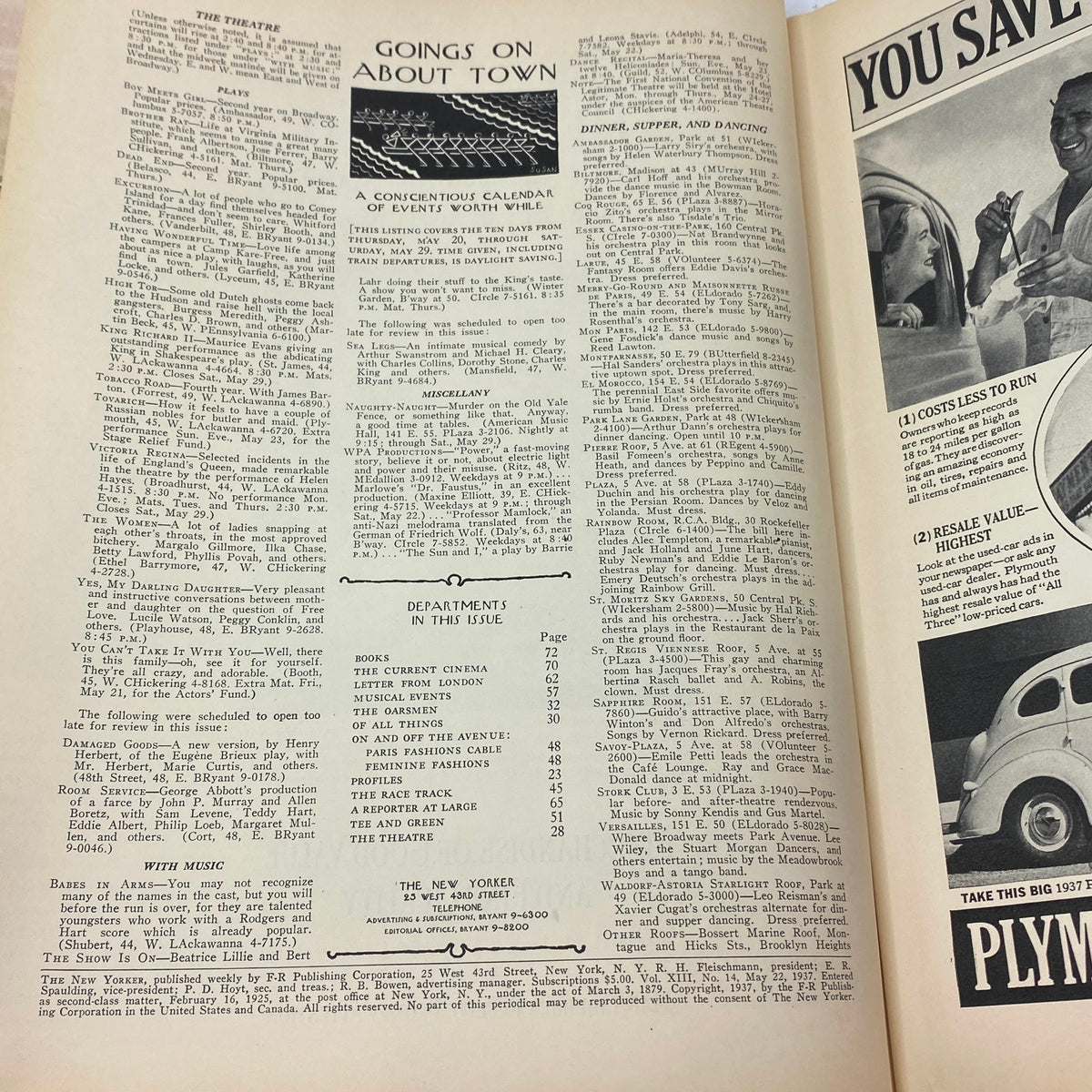 Interior page of The New Yorker magazine from May 22, 1937 featuring events calendar and article listings, highlighting cultural insights from the era.