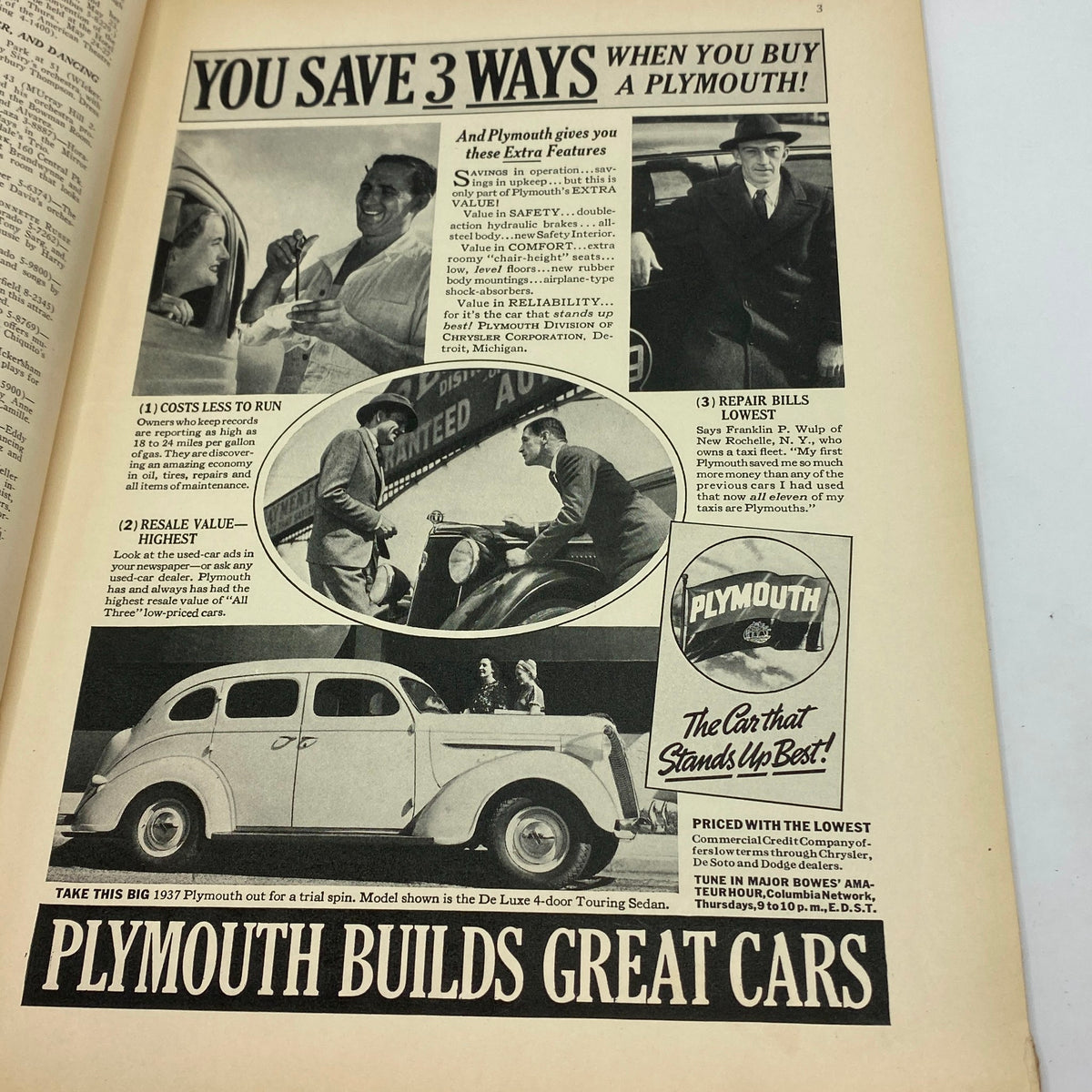 Advertisement in The New Yorker magazine from May 22, 1937 promoting Plymouth cars with a focus on cost efficiency and features.