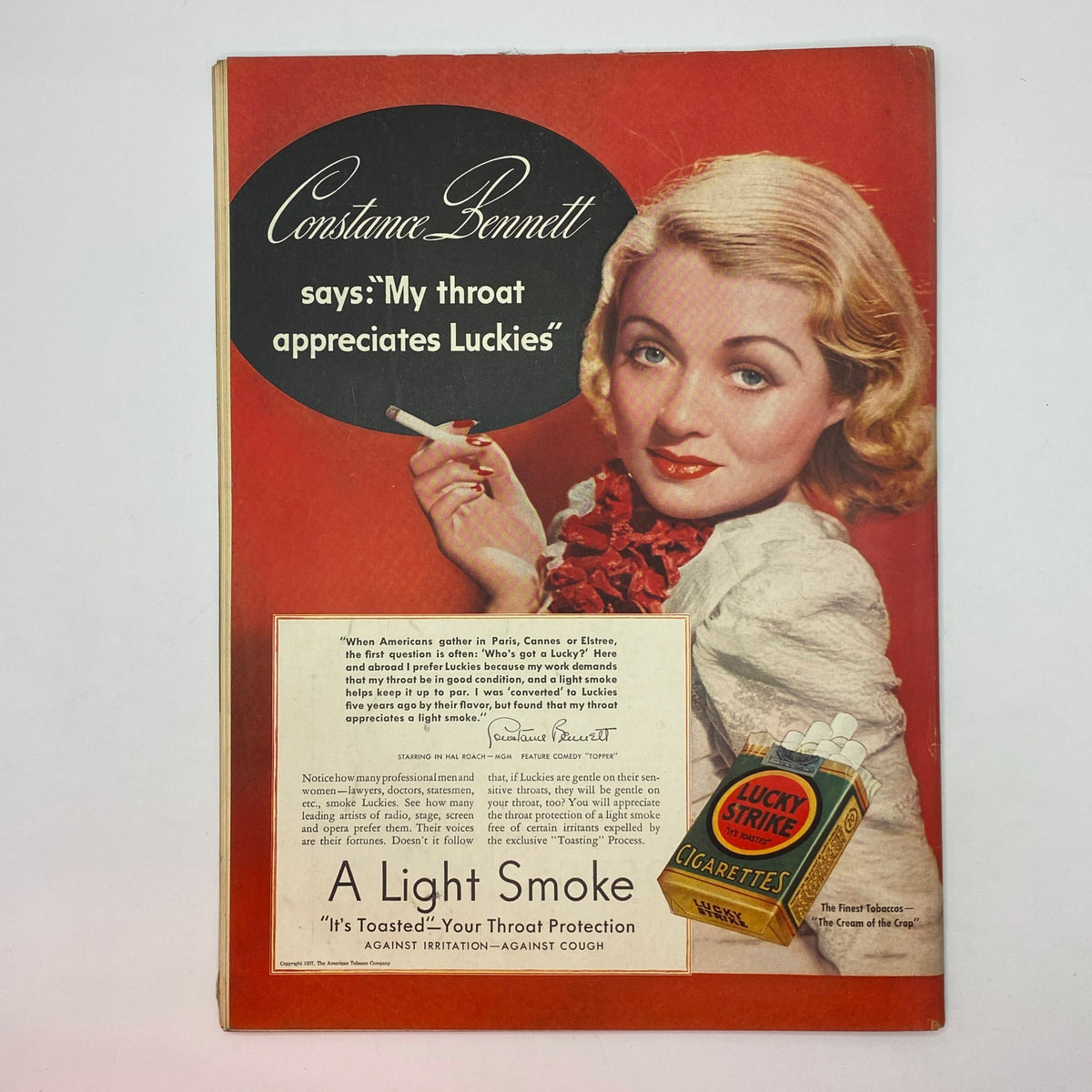 Vintage advertisement featuring actress Constance Bennett in The New Yorker magazine from May 22, 1937, promoting Lucky Strike cigarettes with a stylish portrayal.