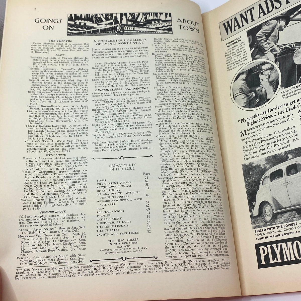 Interior page of The New Yorker magazine, September 11, 1937, showcasing events and announcements, with detailed sections and vintage ads.