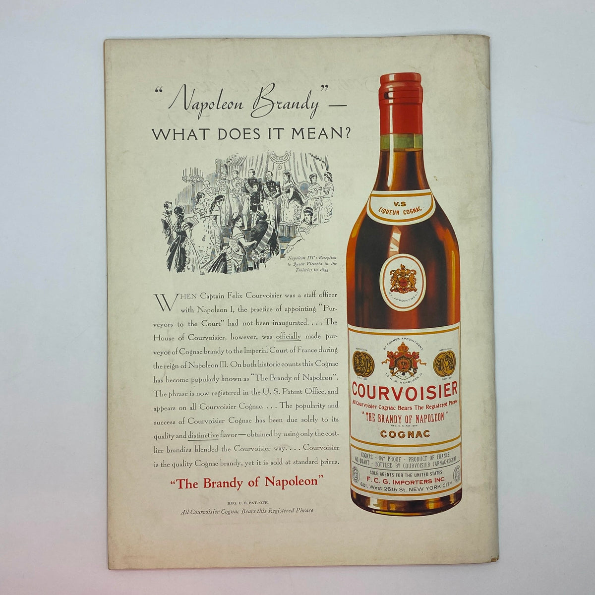 Advertisement for Courvoisier Cognac from The New Yorker magazine, September 11, 1937, illustrating the brand's history and premium quality.