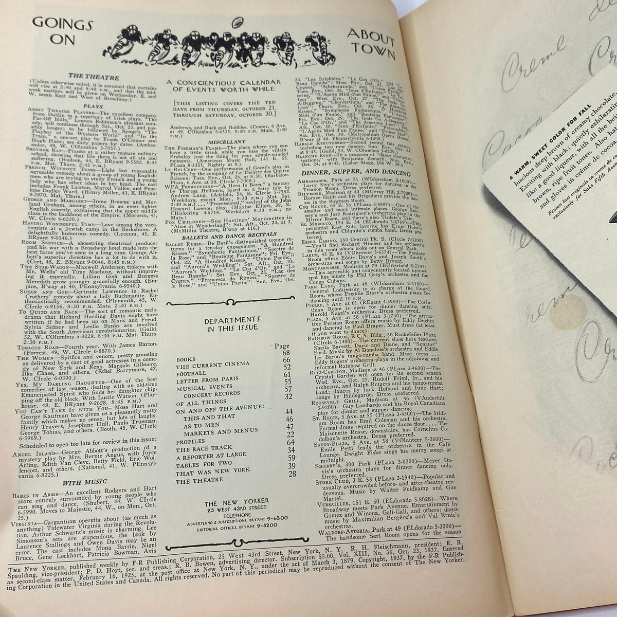 Inside page of The New Yorker magazine dated October 23, 1937, showing events calendar and department listings from the era, complementing the Perry Barlow cover artwork.