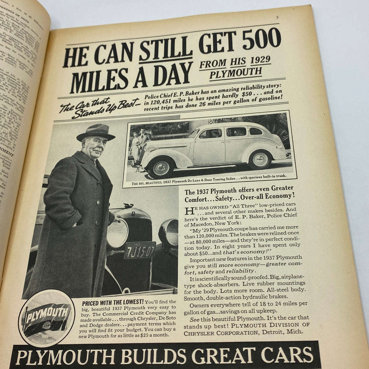 Advertising page featuring a 1937 Plymouth car with Police Chief P. Baker, from The New Yorker magazine, February 27, 1937 edition with Adolph Kronengold Cover.