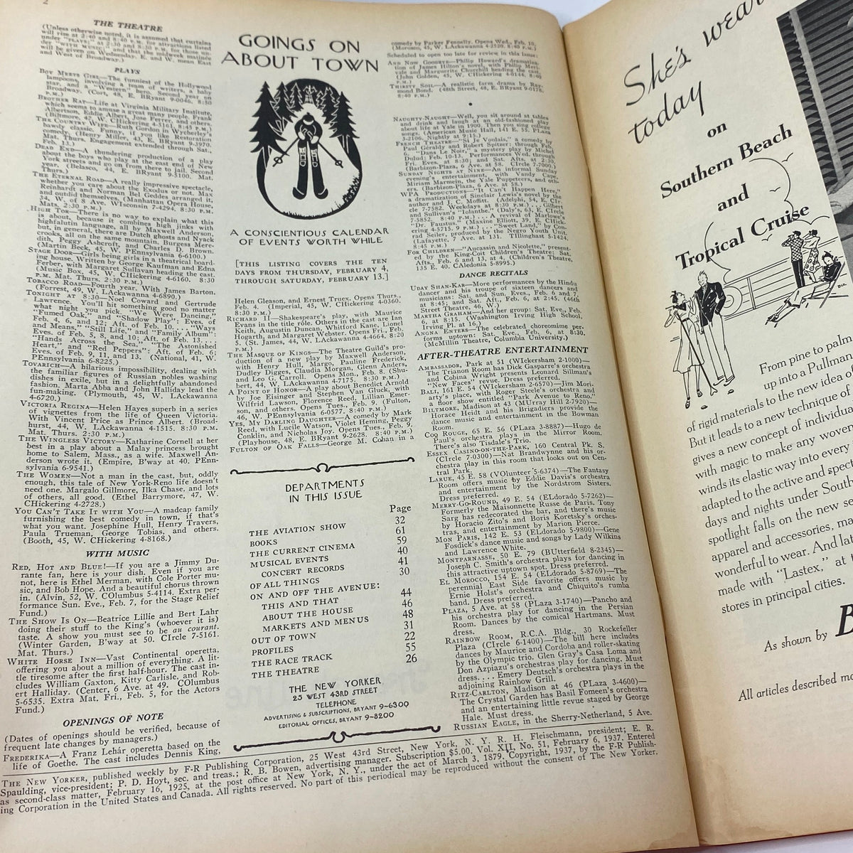Inside pages of The New Yorker Complete Magazine February 6, 1937 featuring the 'Goings On About Town' calendar of events and entertainment listings.