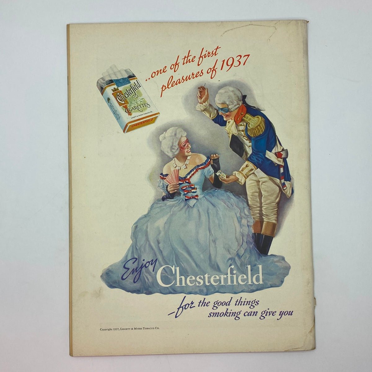 Advertisement from The New Yorker Complete Magazine February 6, 1937 featuring a vintage Chesterfield cigarette ad with a historical theme. The illustration shows two figures in period costumes, emphasizing the text 'Enjoy Chesterfield - for the good things smoking can give you'.