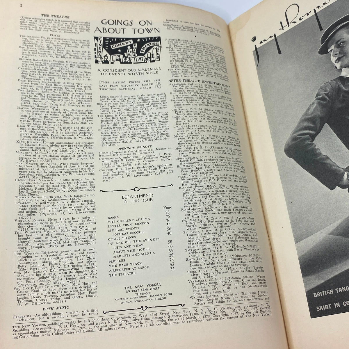 Inside page of The New Yorker Complete Magazine March 20, 1937 showcasing the 'Goings On About Town' section, with listings of events, plays, and theater departments.