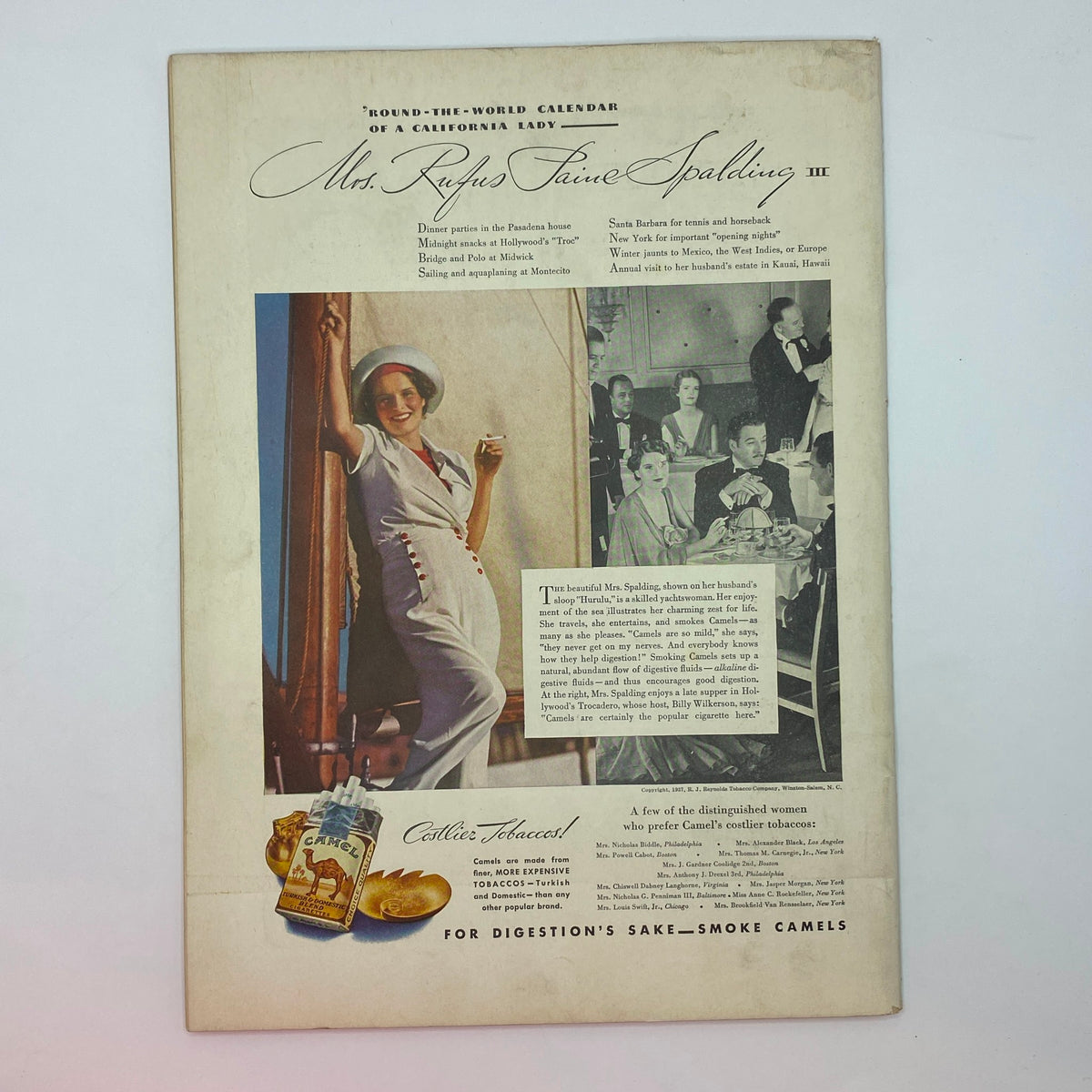 Vintage advertisement featuring Mrs. Rufus Stain Spalding III, showcasing a stylish woman in early 20th-century attire with a travel-themed background. The ad is associated with The New Yorker Complete Magazine March 20, 1937.