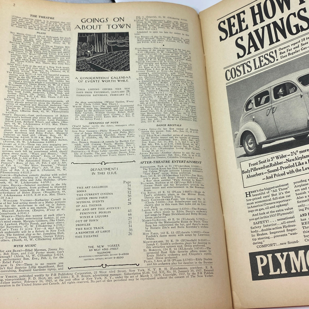Interior pages of The New Yorker Complete Magazine January 30, 1937 showcasing 'Goings On About Town' section with listings of events and advertisements, illustrating the culture of 1930s New York.