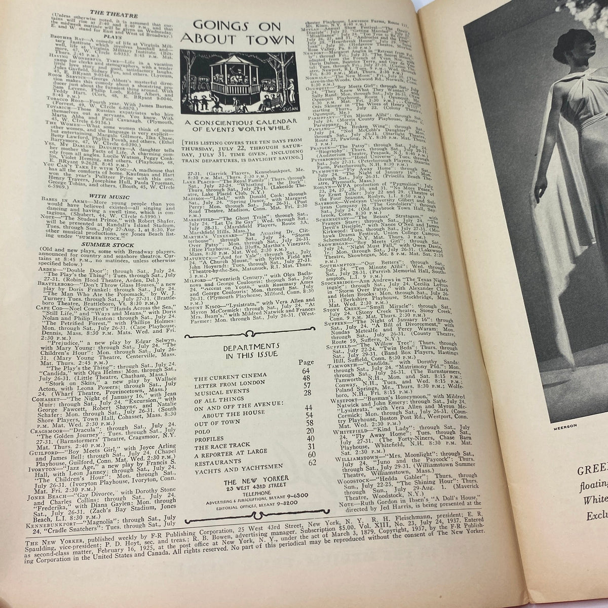 Inside page of The New Yorker Complete Magazine July 24, 1937 featuring a calendar of events and sections titled 'Goings On About Town' and 'Departments in This Issue'.
