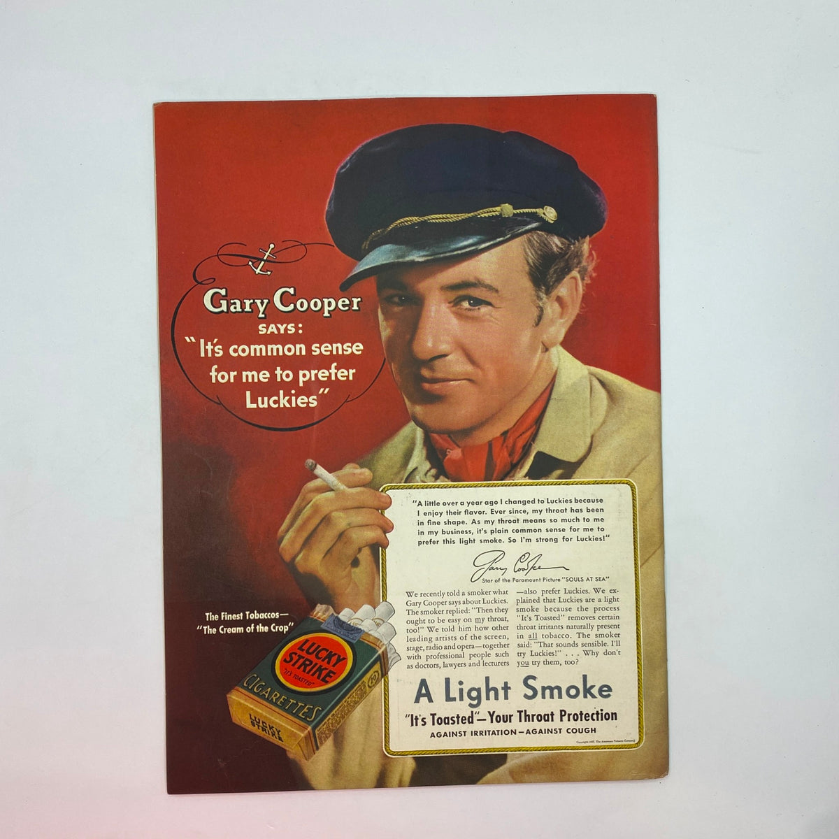 Vintage advertisement featuring actor Gary Cooper in The New Yorker Complete Magazine July 24, 1937 promoting Lucky Strike cigarettes.