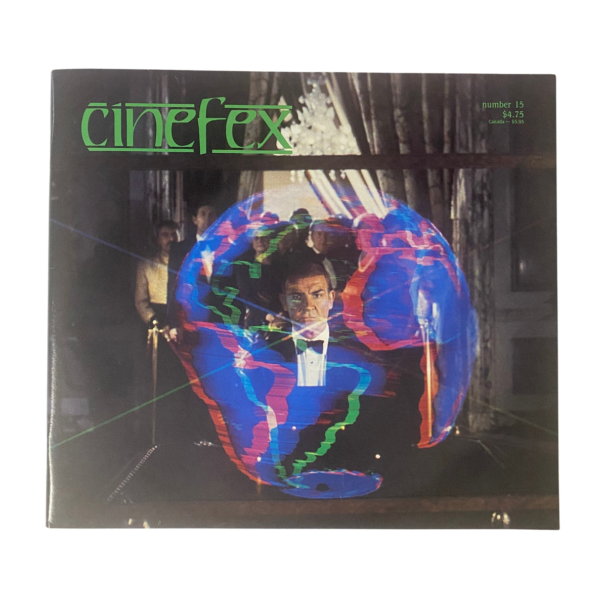 Cinefex Magazine January 1984 No. 15 featuring a holographic videogame display from Never Say Never Again, showcasing James Bond's iconic presence.