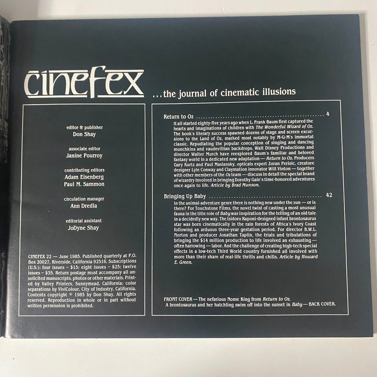 Cinefex Magazine June 1985 No. 22 inside page listing features including Return to Oz and Bringing Up Baby, highlighting articles on cinematic illusions.