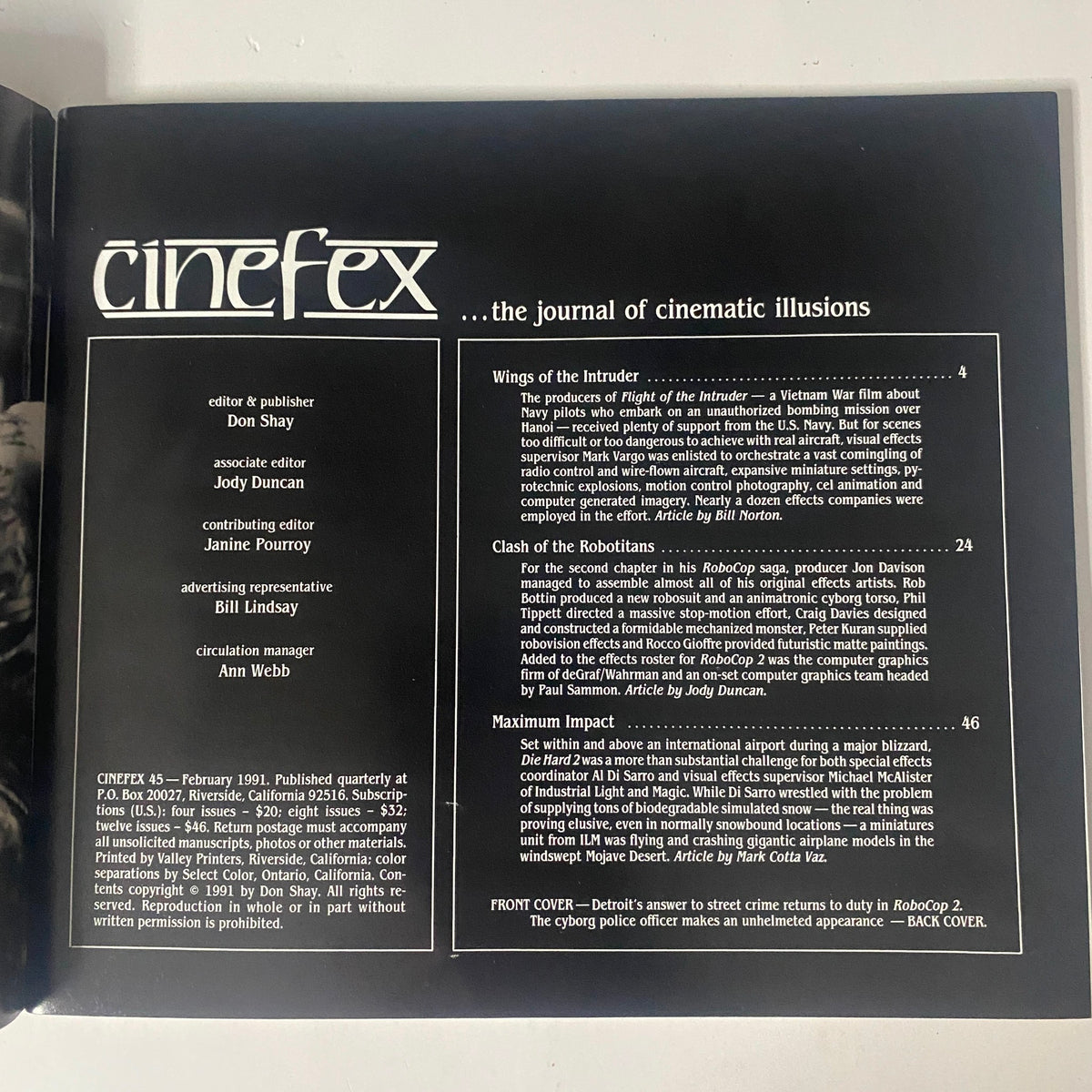 Interior page of Cinefex Magazine February 1991 No. 45, highlighting articles including 'Wings of the Intruder', 'Clash of the Robotians', and 'Maximum Impact' with insights into special effects.