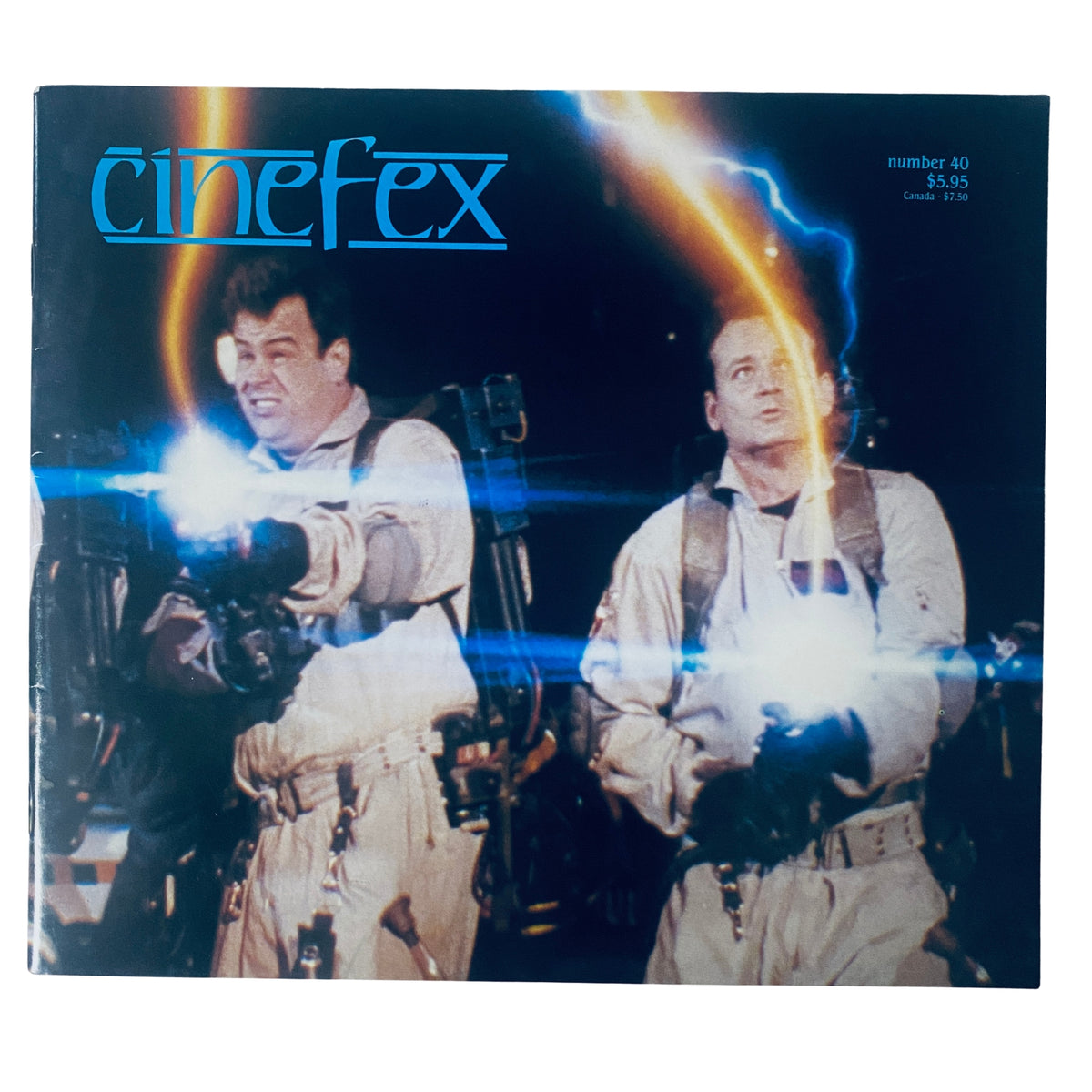 Cinefex Magazine November 1989 No. 40 featuring Ghostbusters II on the front cover, showcasing two Ghostbusters aiming their proton packs with a blue lightning effect.