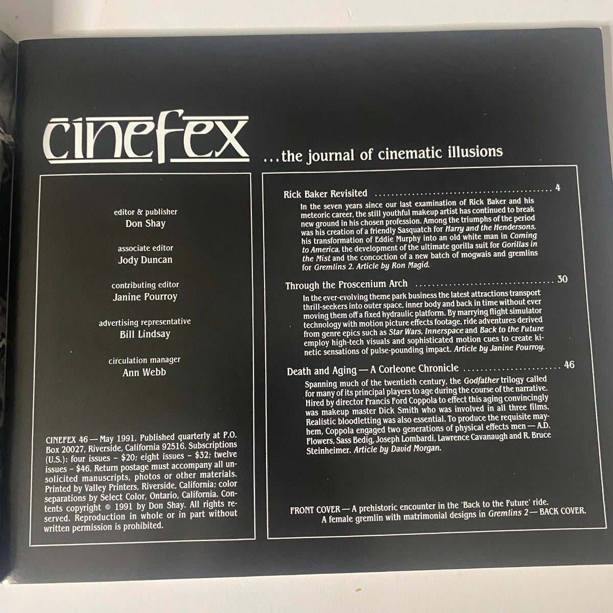 Cinefex Magazine May 1991 No. 46 back cover showcasing a mischievous female gremlin from Gremlins 2, highlighting its artistic design.