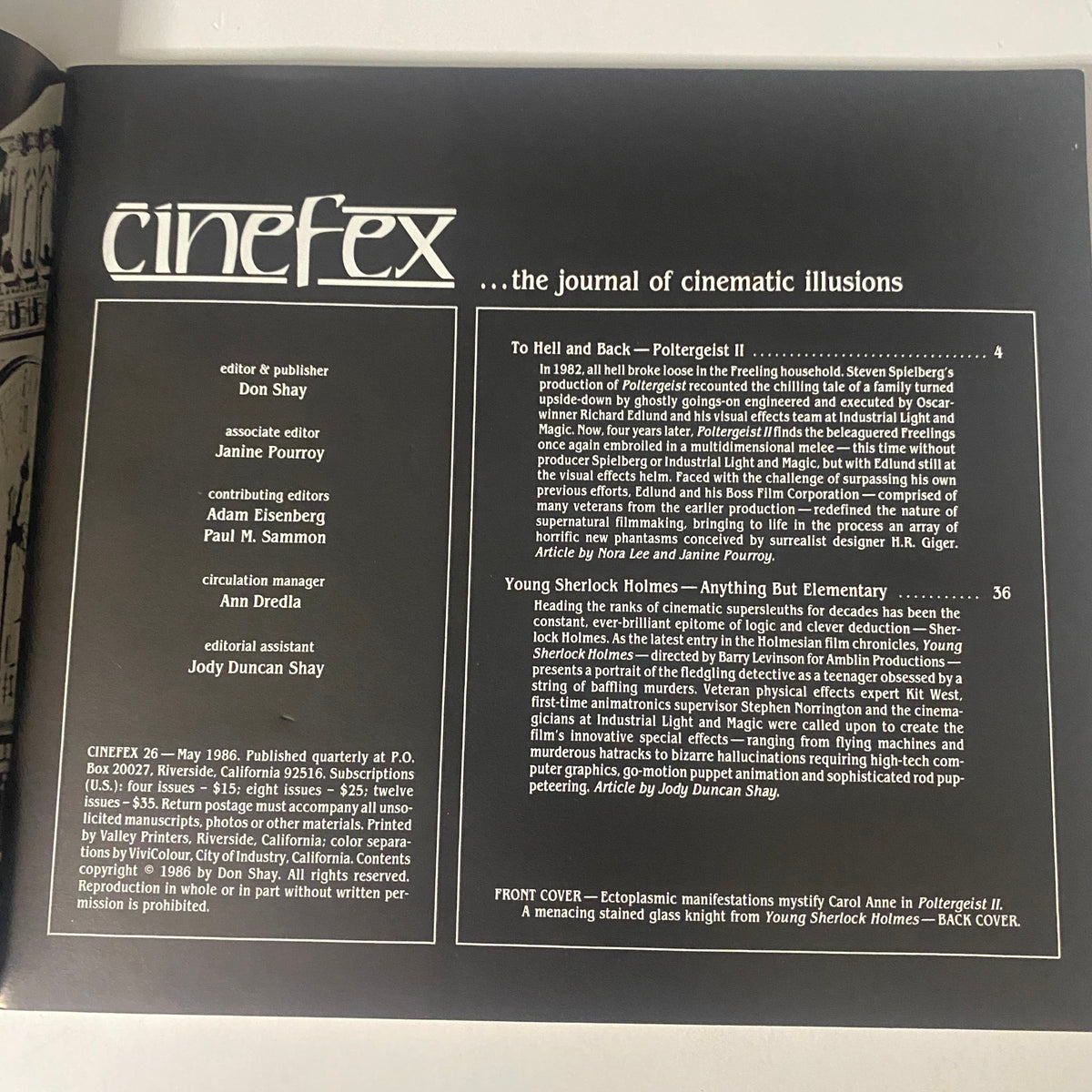 Cinefex Magazine May 1986 No. 26 editorial page detailing the contents and contributions related to Poltergeist II and Young Sherlock Holmes.