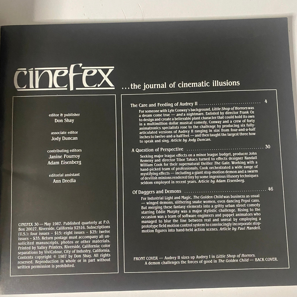 Contents page of Cinefex Magazine May 1987 No. 30 detailing articles including The Care and Feeding of Audrey II and A Question of Perspective.
