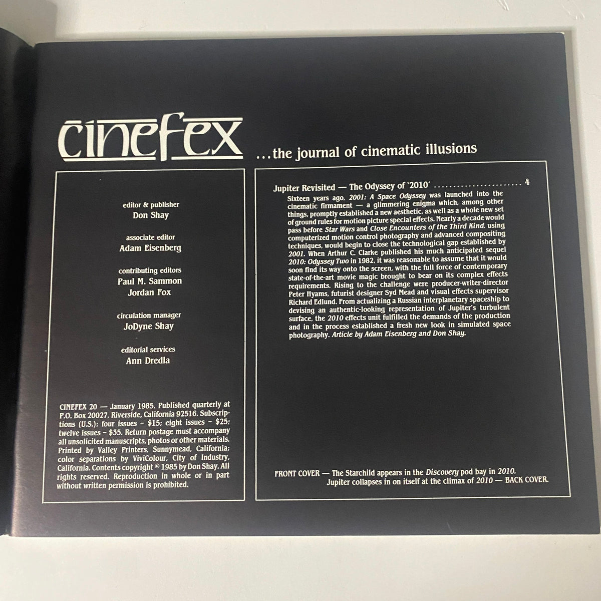 Interior page of Cinefex Magazine January 1985 No. 20, highlighting the editorial details including contributions by Adam Eisenberg and Don Shay, featuring the article 'Jupiter Revisited - The Odyssey of 2010'.