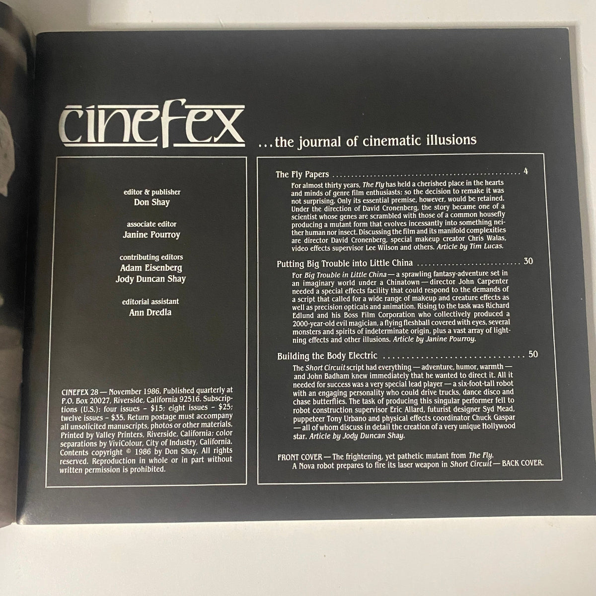 Contents page of Cinefex Magazine November 1986 No. 28, listing articles including The Fly Papers, Putting Big Trouble into Little China, and Building the Body Electric.