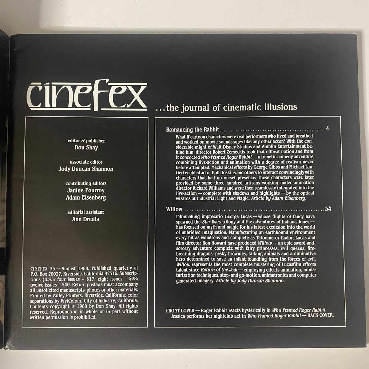 Cinefex Magazine August 1988 No. 35 Who Framed Roger Rabbit, Jessica Rabbit VG