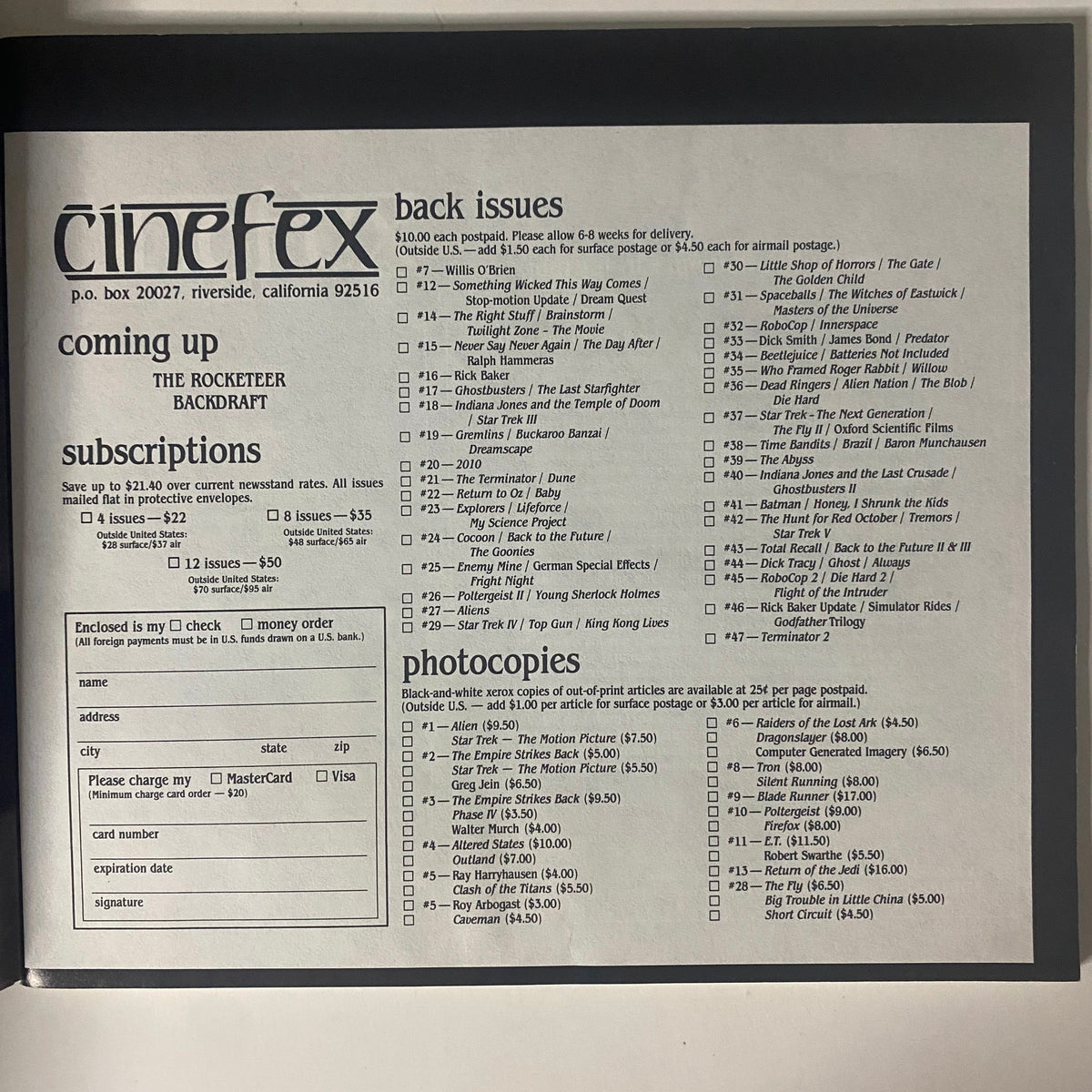 Back cover of Cinefex Magazine No. 47 (1991), featuring a list of back issues and subscription information relevant to film and visual effects enthusiasts.